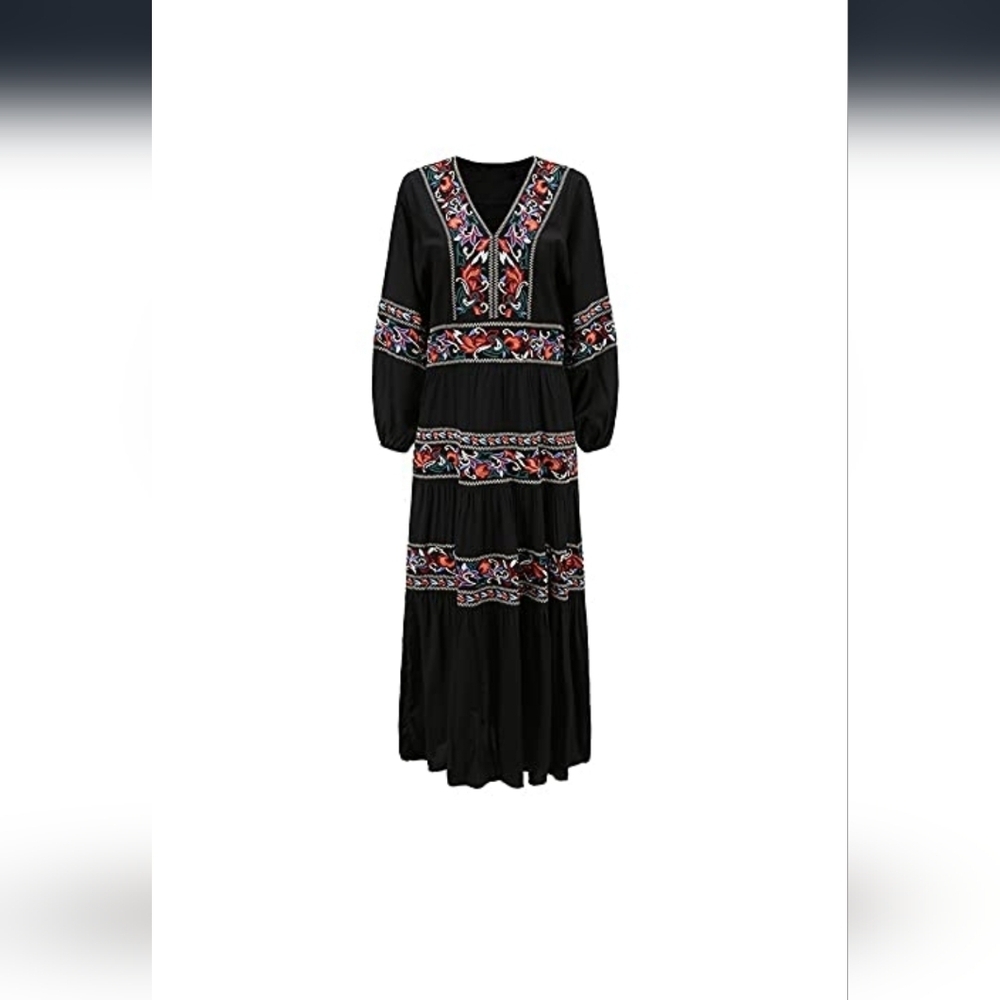 Chic Black Maxi Dress with Colorful Embroidery - Picture 4 of 15